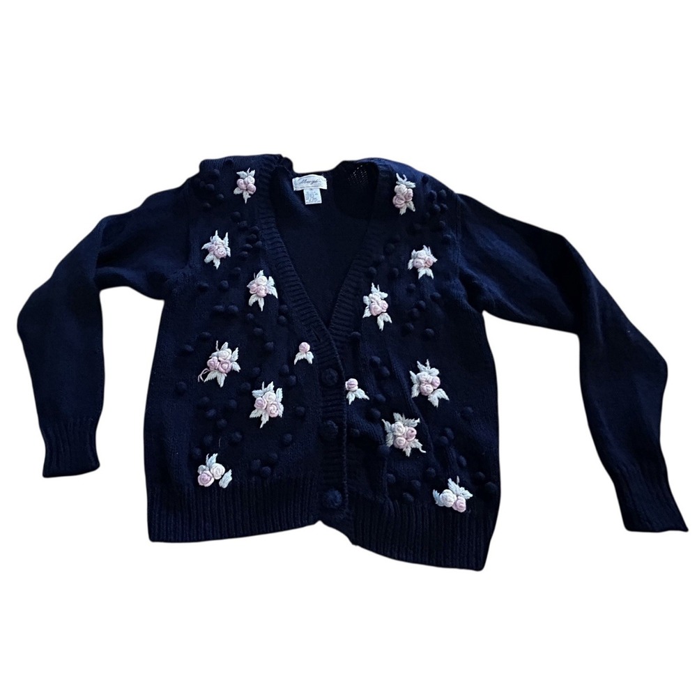 Grandma Core‎ Blue 3D Pink Flower Cardigan Button Sz Med Shoulder Pads